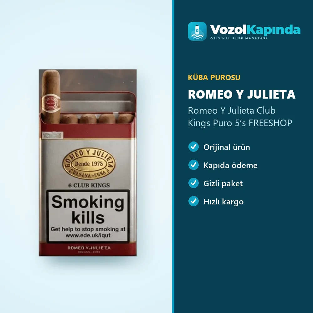 Romeo Y Julieta Club Kings Puro 5’s FREESHOP Sipariş Bilgileri Romeo Y Julieta Club Kings Puro 5’s FREESHOP bilgi kartı, orijinal Küba purosu
