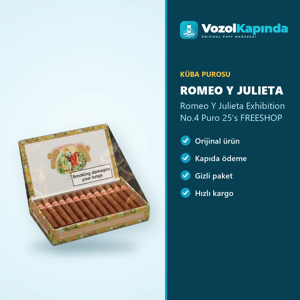 Romeo Y Julieta Exhibition No.4 Puro 25’s FREESHOP Özellikleri Romeo Y Julieta Exhibition No.4 Puro 25’s FREESHOP özellikleri: orijinal ürün, kapıda ödeme, gizli paket