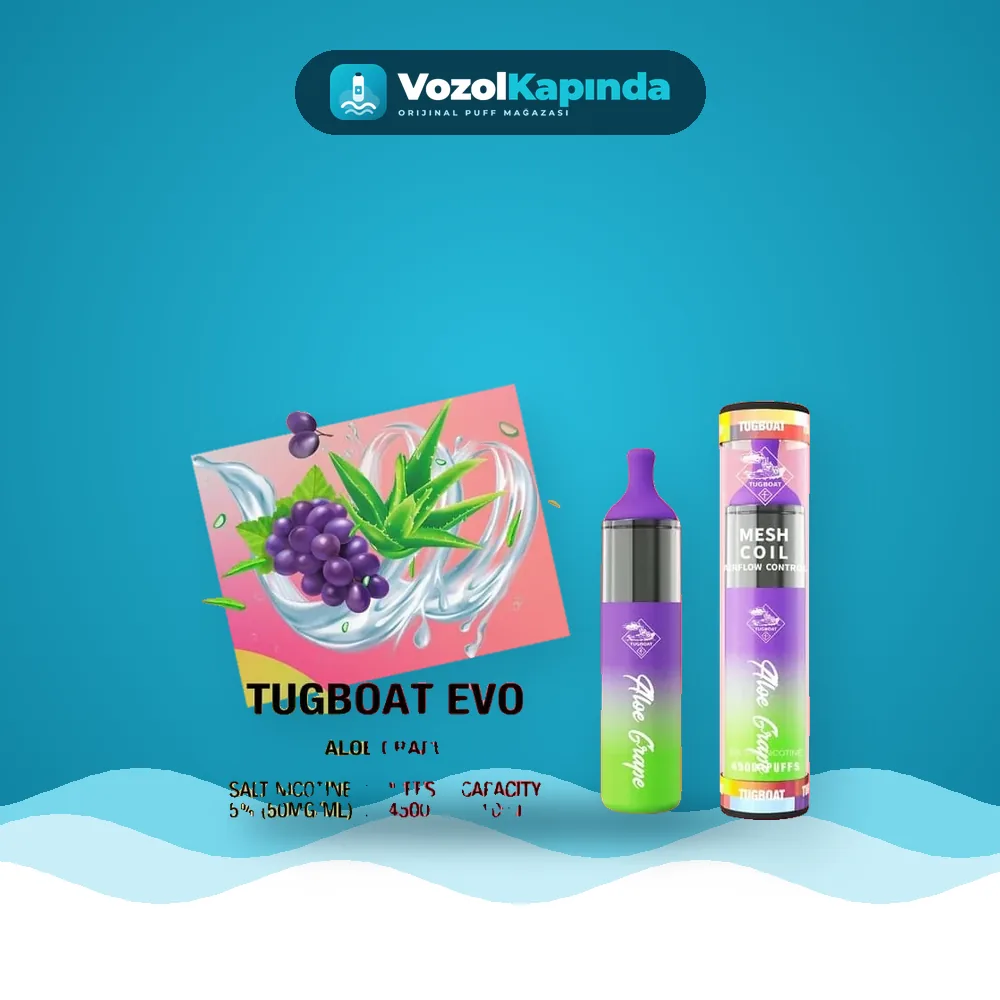 Tugboat EVO Aloe Grape 4500 Puff Sipariş Tugboat EVO Aloe Grape 4500 Puff, Vozol Kapında orijinal puff bar