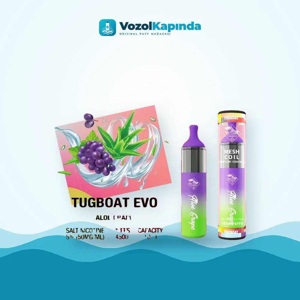 Tugboat EVO Aloe Grape 4500 Puff Ürün Görseli Tugboat EVO Aloe Grape 4500 Puff ürün görseli, orijinal puff bar