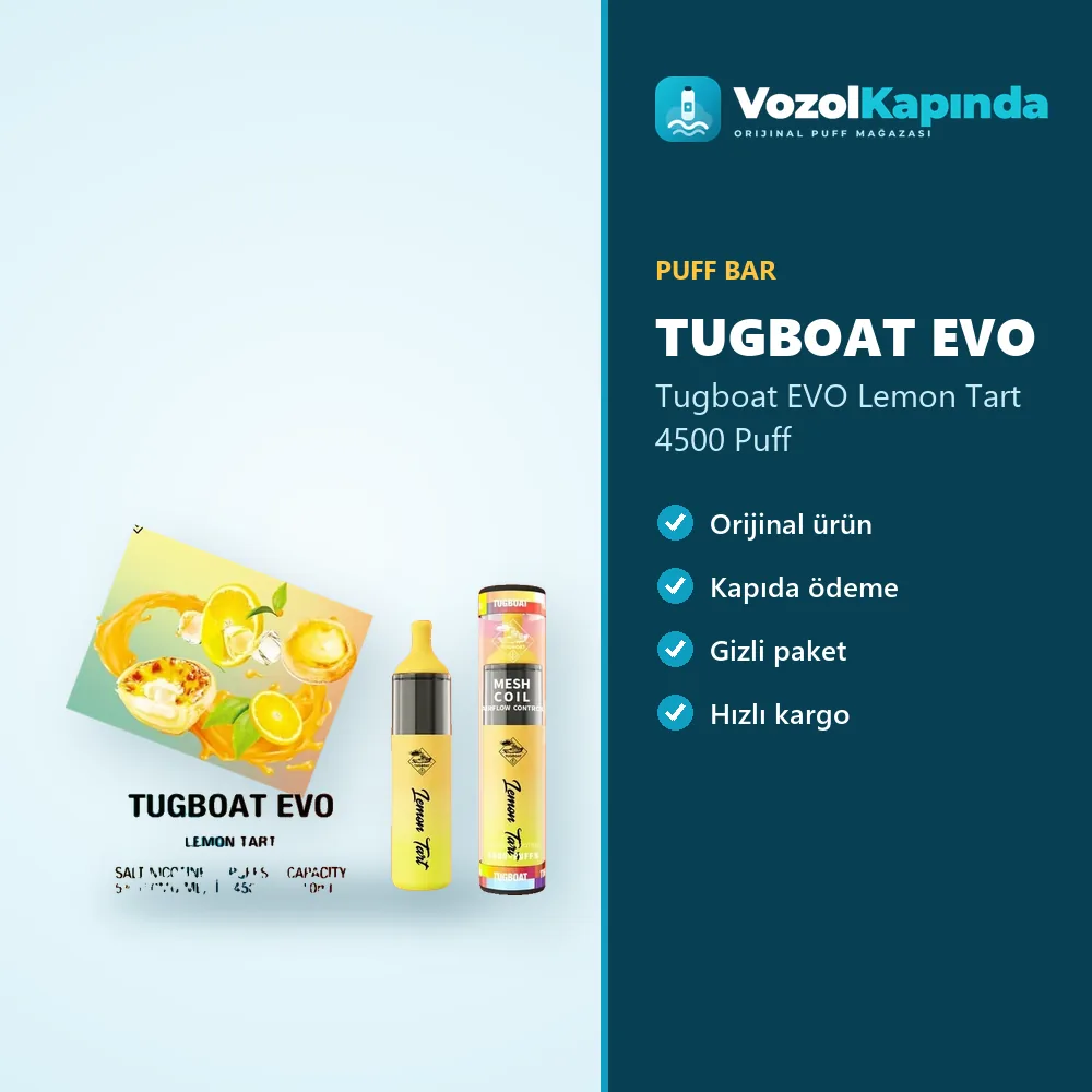 Tugboat EVO Lemon Tart 4500 Puff Sipariş Bilgileri Tugboat EVO Lemon Tart 4500 Puff özellikleri: orijinal ürün, kapıda ödeme, gizli paket
