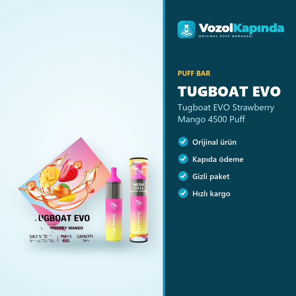 Tugboat EVO Strawberry Mango 4500 Puff Özellikleri Tugboat EVO Strawberry Mango 4500 Puff özellikleri: orijinal ürün, kapıda ödeme, gizli paket