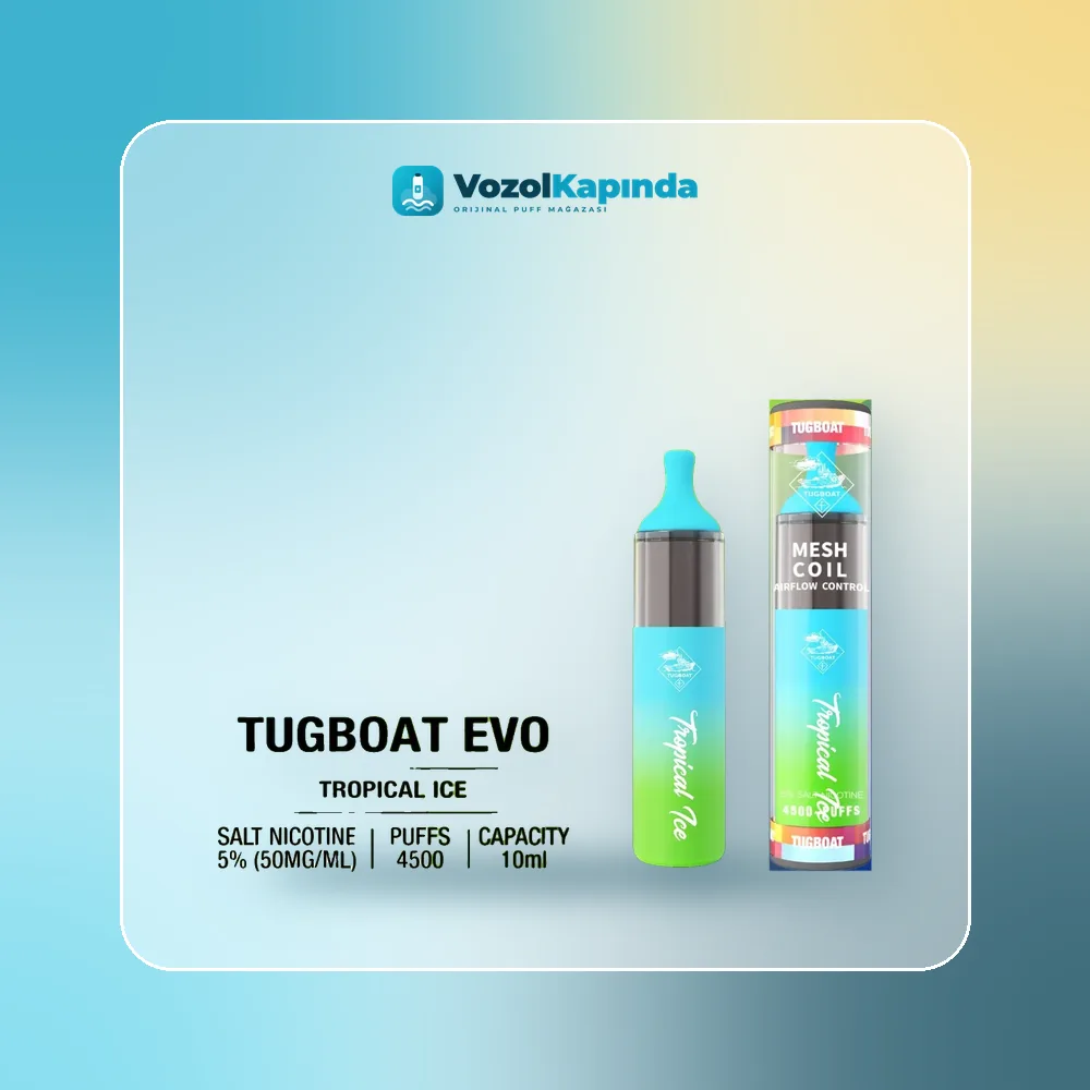 Tugboat EVO Tropical Ice 4500 Puff Orijinal Ambalaj Tugboat EVO Tropical Ice 4500 Puff ön yüz görseli, orijinal ambalaj