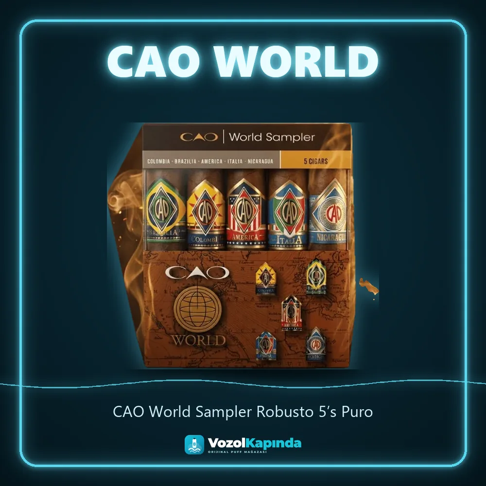 CAO World Sampler Robusto 5’s Puro Sipariş Bilgileri CAO World Sampler Robusto 5’s Puro bilgi kartı, orijinal puro