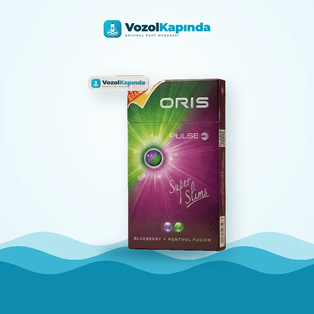 Oris Pulse Blueberry Menthol Fusion Superslims Sigara Paket Görünümü Oris Pulse Blueberry Menthol Fusion Superslims Sigara ön yüz görseli, orijinal ambalaj